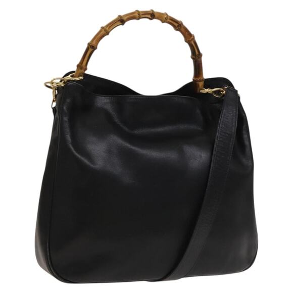 GUCCI Bamboo Hand Bag Leather Black Gold - Picture 1 of 16